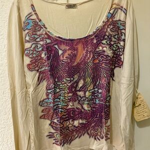 ONE WORLD Cream Long Sleeve Top with Purple and Blue Design